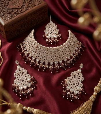 Kundan bridal choker jewelry set with  beads | indian wedding necklace, drop earrings & maang tikka 2
