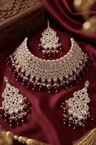 Kundan bridal choker jewelry set with  beads | indian wedding necklace, drop earrings & maang tikka