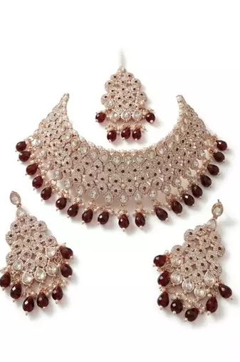 Kundan bridal choker jewelry set with  beads | indian wedding necklace, drop earrings & maang tikka