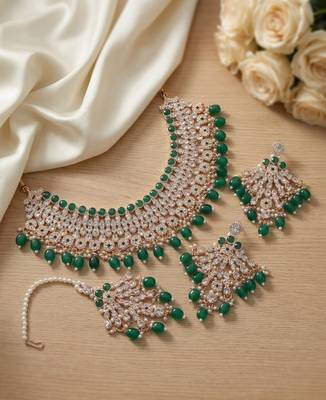 Green kundan choker necklace set with earrings & maang tikka | indian bridal wedding & bollywood festival jewelry 1