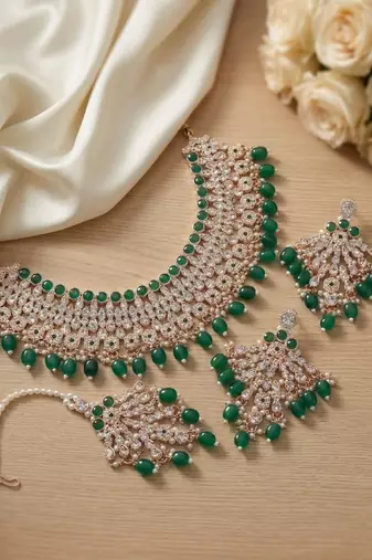Green kundan choker necklace set with earrings & maang tikka | indian bridal wedding & bollywood festival jewelry