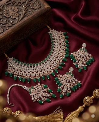 Green kundan choker necklace set with earrings & maang tikka | indian bridal wedding & bollywood festival jewelry 2