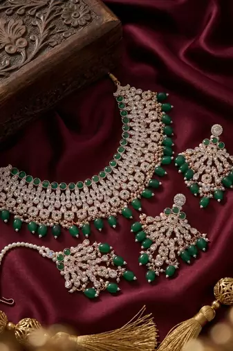 Green kundan choker necklace set with earrings & maang tikka | indian bridal wedding & bollywood festival jewelry