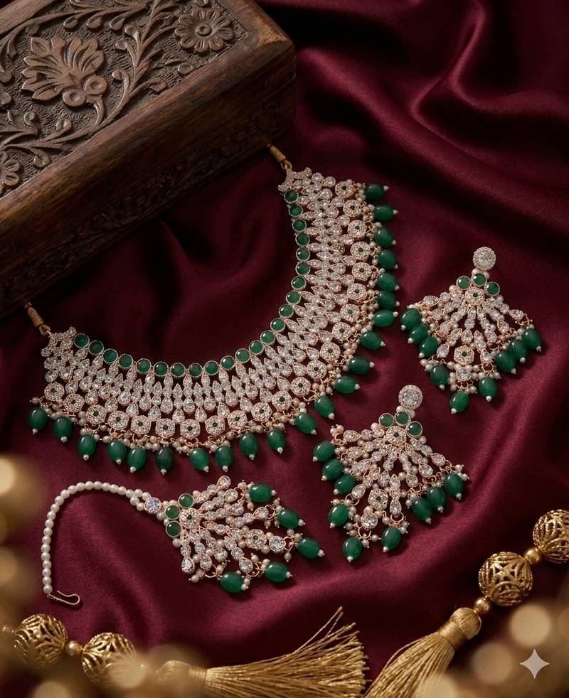 Green kundan choker necklace set with earrings & maang tikka | indian bridal wedding & bollywood festival jewelry