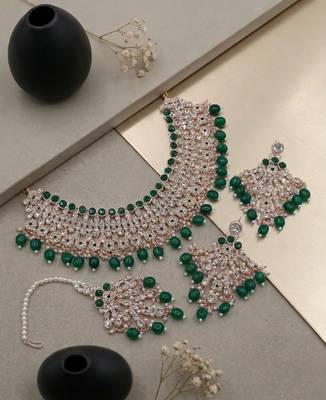 Green kundan choker necklace set with earrings & maang tikka | indian bridal wedding & bollywood festival jewelry 3
