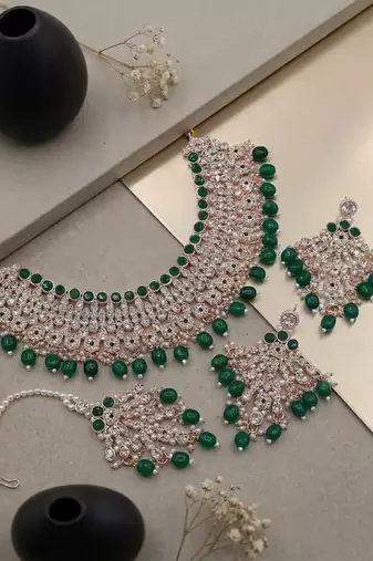 Green kundan choker necklace set with earrings & maang tikka | indian bridal wedding & bollywood festival jewelry