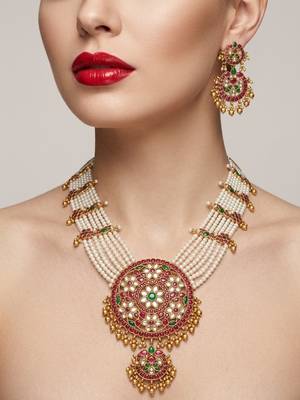 Gold plated long kundan haram pearl necklace set with round pendant & earrings for indian bridal wedding jewelry 1