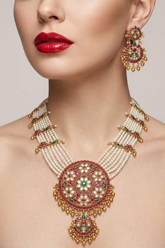Gold plated long kundan haram pearl necklace set with round pendant & earrings for indian bridal wedding jewelry