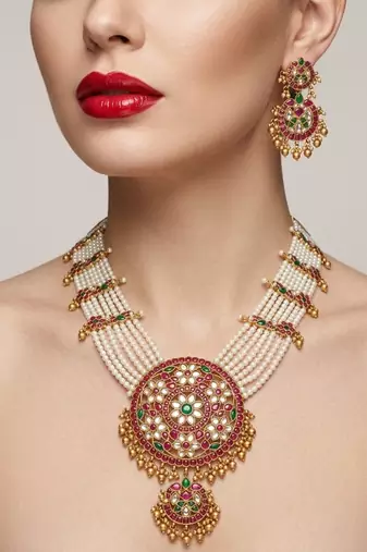 Gold plated long kundan haram pearl necklace set with round pendant & earrings for indian bridal wedding jewelry