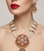 Gold plated long kundan haram pearl necklace set with round pendant & earrings for indian bridal wedding jewelry