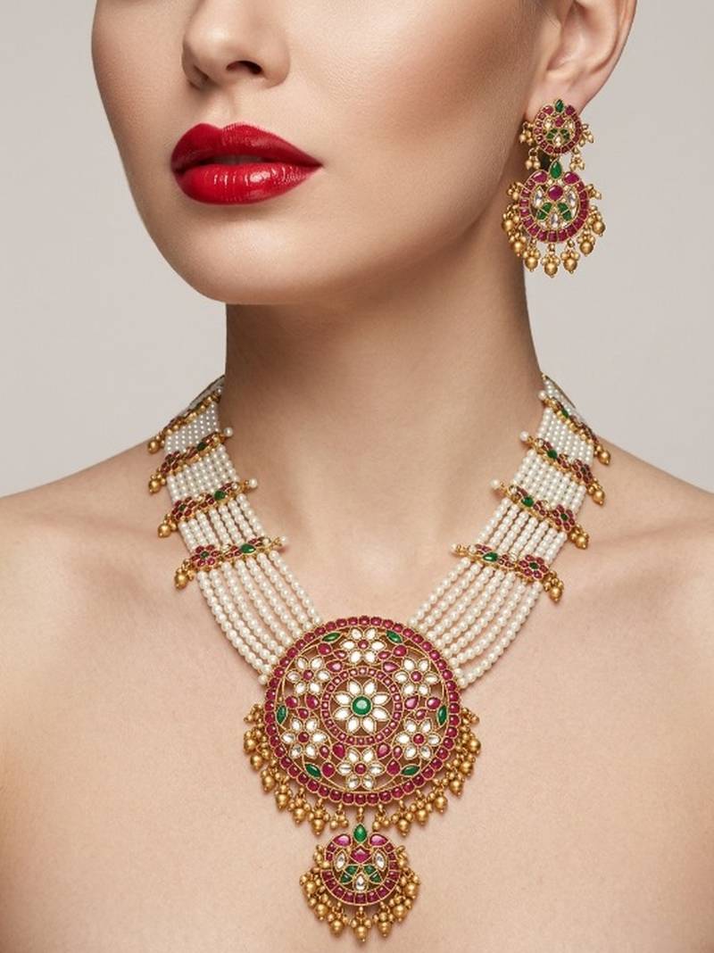 Gold plated long kundan haram pearl necklace set with round pendant & earrings for indian bridal wedding jewelry