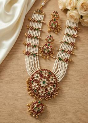 Gold plated long kundan haram pearl necklace set with round pendant & earrings for indian bridal wedding jewelry 2