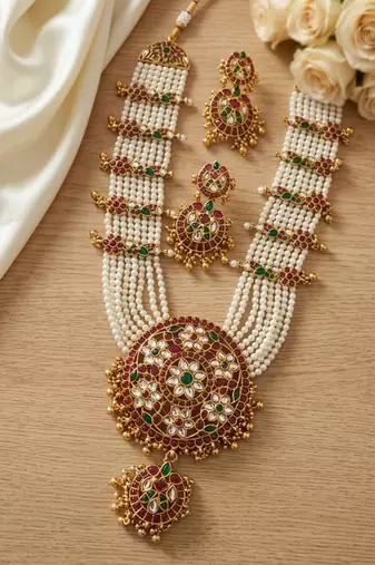 Gold plated long kundan haram pearl necklace set with round pendant & earrings for indian bridal wedding jewelry