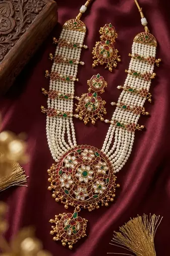 Gold plated long kundan haram pearl necklace set with round pendant & earrings for indian bridal wedding jewelry