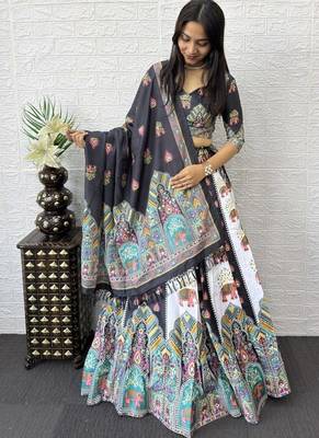 New Designer Printed With Real Mirror Work Women's Lehenga Choli Set  1