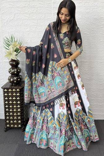 New Designer Printed With Real Mirror Work Women's Lehenga Choli Set 