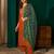Rust silk sequence embroidered v neck kurta set with green jacquard dupatta