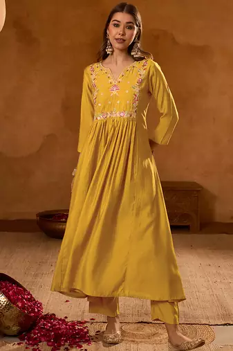 Mustard silk sequence embroidered v neck kurta set with red jacquard dupatta