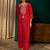Red silk sequence embroidered v neck kurta set with green jacquard dupatta