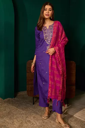 Violet silk sequence embroidered v neck kurta set with pink jacquard dupatta