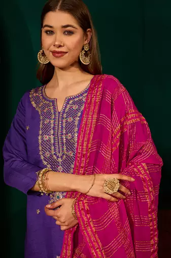 Violet silk sequence embroidered v neck kurta set with pink jacquard dupatta