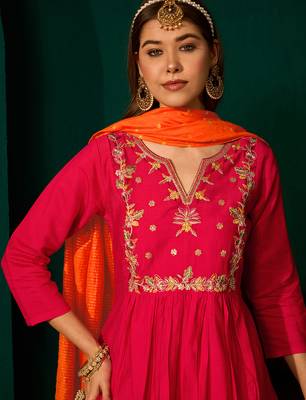 Red silk sequence embroidered v neck kurta set with orange jacquard dupatta 5
