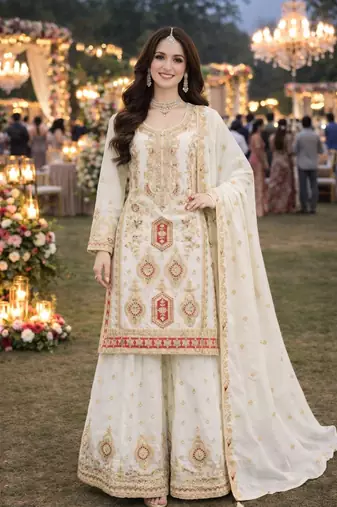 White chinon sharara salwar suit- Full stitched free size