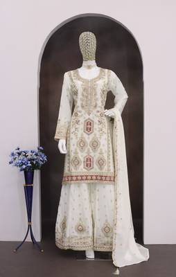 White chinon sharara salwar suit- Full stitched free size 3