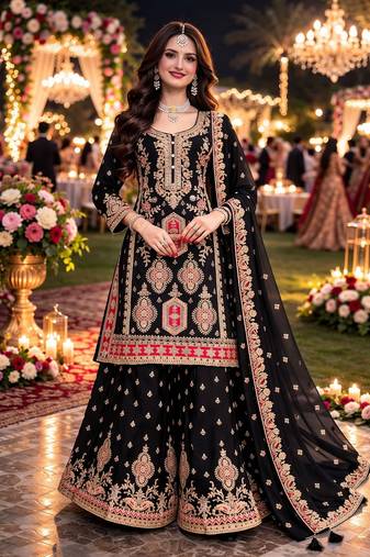 Black chinon sharara salwar suit- Full stitched free size