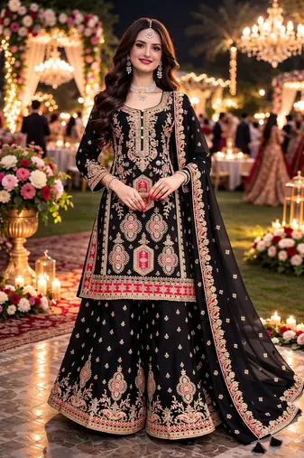 Black chinon sharara salwar suit- Full stitched free size
