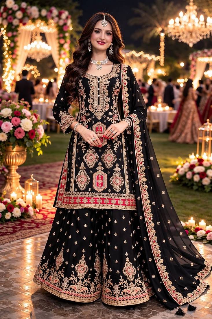 Black chinon sharara salwar suit- Full stitched free size