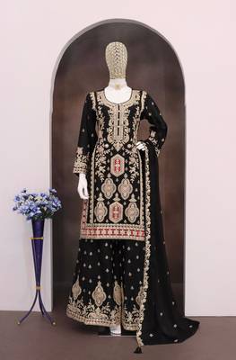 Black chinon sharara salwar suit- Full stitched free size 3
