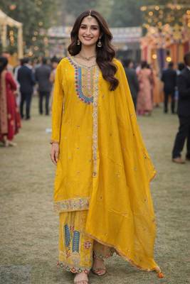 Yellow chinon sharara salwar suit- Full stitched free size 1
