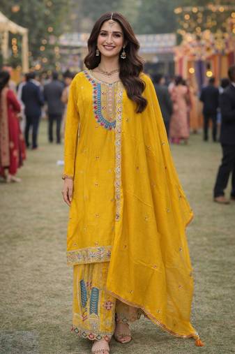 Yellow chinon sharara salwar suit- Full stitched free size