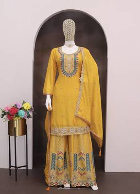 Yellow chinon sharara salwar suit- Full stitched free size 3