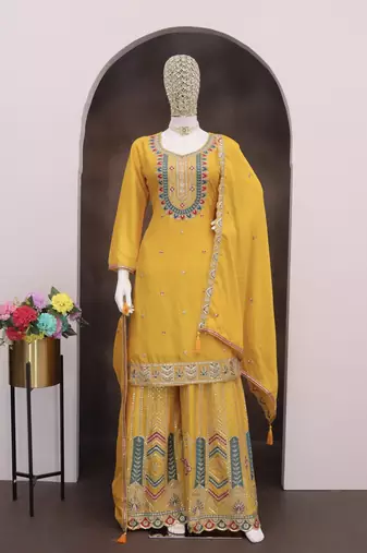 Yellow chinon sharara salwar suit- Full stitched free size