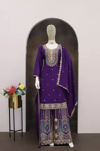 Purple chinon sharara salwar suit- Full stitched free size