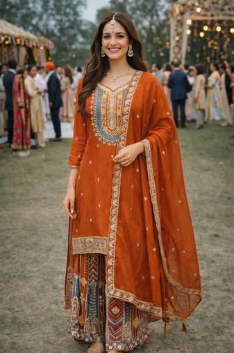 Orange chinon sharara salwar suit- Full stitched free size