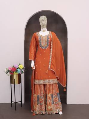 Orange chinon sharara salwar suit- Full stitched free size 3