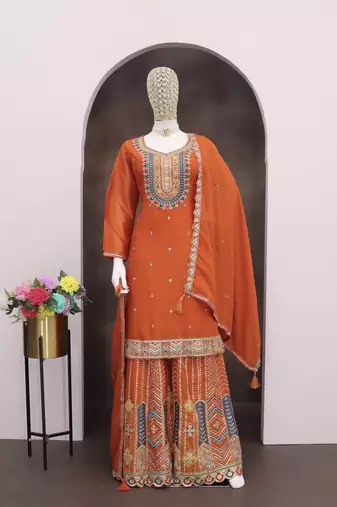 Orange chinon sharara salwar suit- Full stitched free size