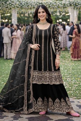 Black chinon sharara salwar suit- Full stitched free size