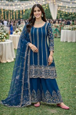 Blue chinon sharara salwar suit- Full stitched free size 1