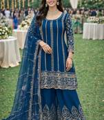 Blue chinon sharara salwar suit- Full stitched free size