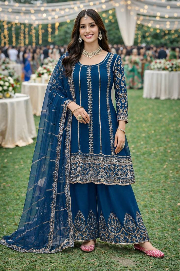 Blue chinon sharara salwar suit- Full stitched free size