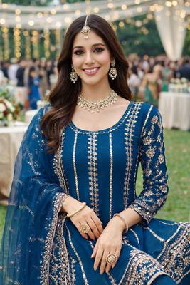 Blue chinon sharara salwar suit- Full stitched free size 2