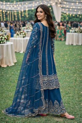 Blue chinon sharara salwar suit- Full stitched free size 3