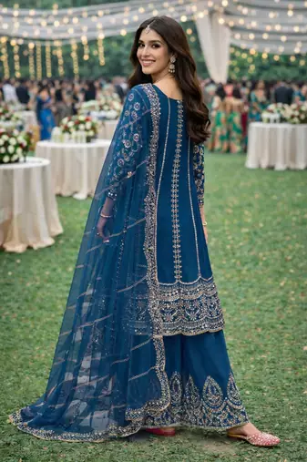 Blue chinon sharara salwar suit- Full stitched free size