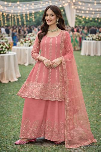 Peach chinon sharara salwar suit- Full stitched free size