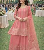 Peach chinon sharara salwar suit- Full stitched free size