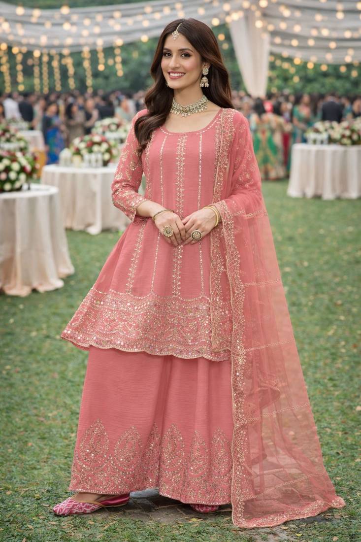 Peach chinon sharara salwar suit- Full stitched free size